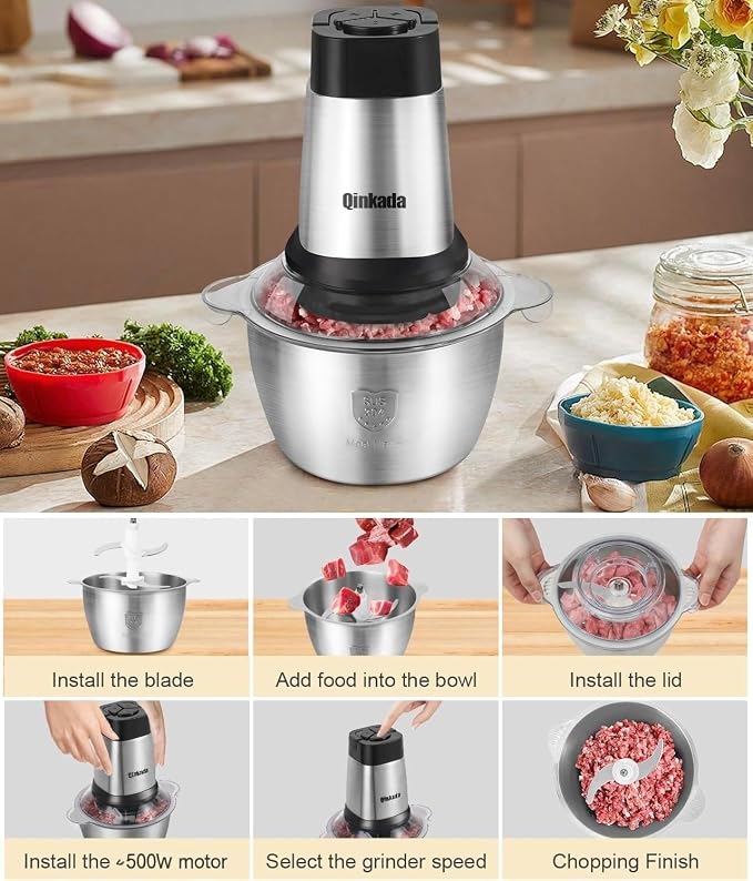 Qinkada Meat Grinder, 500W Powerful Food Processors, 8Cup Stainless Steel Bowl, 3 Speed Modes 4 Bi-Level Blades for Onion, Meat, Nuts, Fruit, Garlic, Vegetable, Baby Food