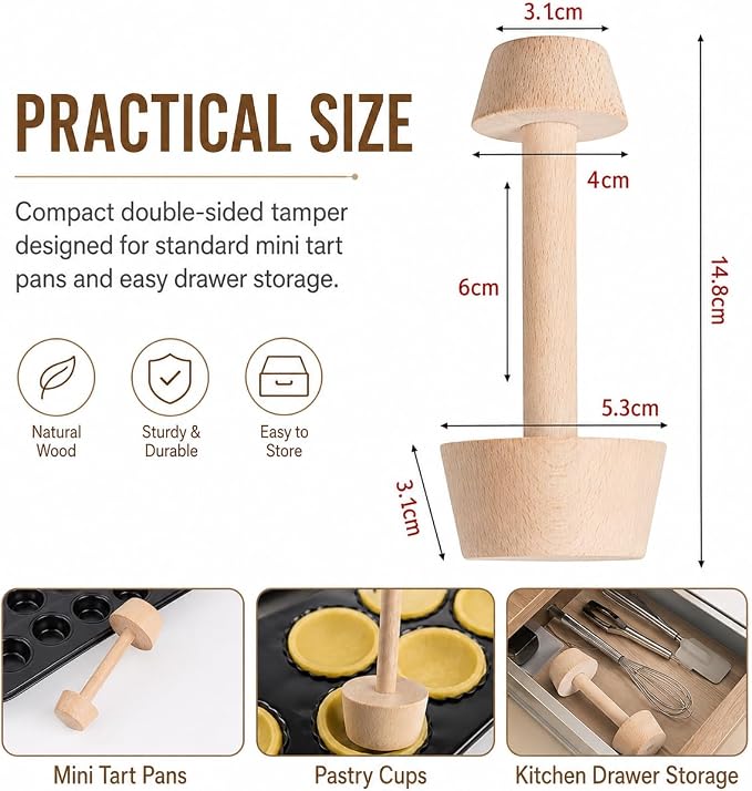 Wooden Tart Tamper, Double Side Pie Pastry Dough Tamper, Egg Tart Pan Mold DIY Cake Pastry Baking Tool for Mini Egg Tart, Cheesecakes, Pasta and Dessert Baking