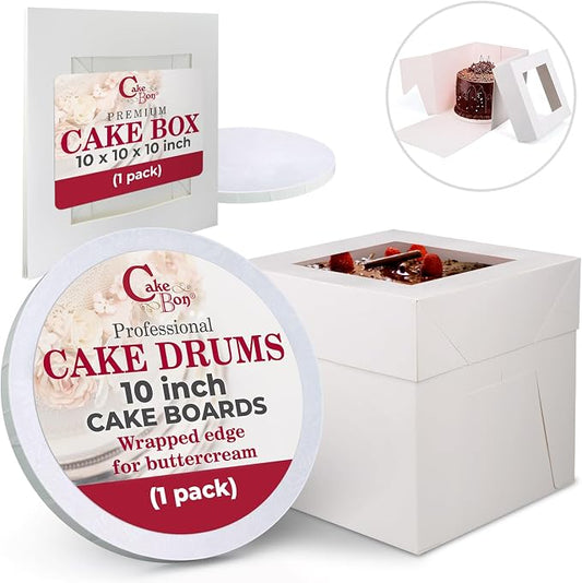 Cakebon Cake Boxes with Drums - 10 Inch Round White Cake Boards/Base para Pasteles (1-Pack) - Caja para Pasteles with Window for Birthdays, Weddings and Parties