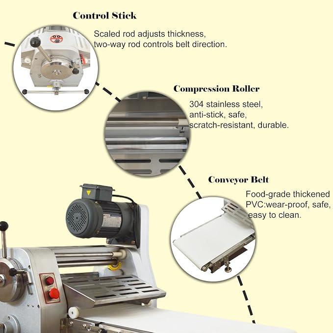 110V Commercial Dough Sheeter 400W Dough Laminator with 0.04"-1.26" Adjustable Thickness Range, 1650mm×400mm PVC Conveyor Belt for Pastry Bakery