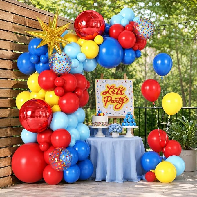 Red Blue Yellow Balloon Arch Garland Kit with Gold Star Foil Balloons Red 4D Round Ball Balloons for Birthday Party Carnival Circus Theme Decorations