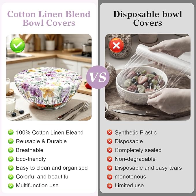 Reusable Bowl Covers for Bread Proofing 4pcs,Linen Cotton Sourdough | Breathable,Fabric,Shower Caps,Accessories,Supplies,Food Lids,Fruit Storage,4"-14",Purple,Checkered,Flower,Large