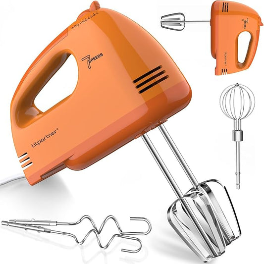 LILPARTNER Hand Mixer Electric, Ultra Power Kitchen Hand Mixer With 7-Speed & 5 Stainless Steel Accessories for Whipping Dough, Cream, Cake, Dishwasher Safe, Light Orange