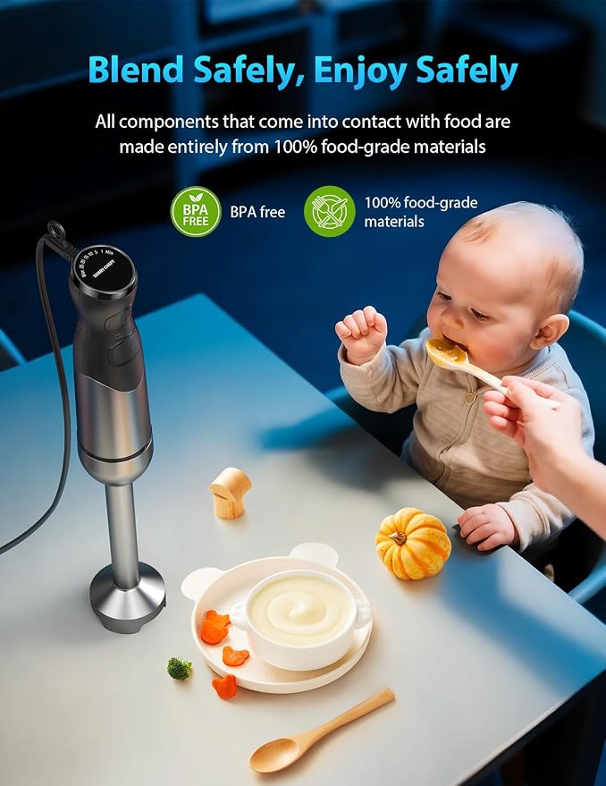 1000W Immersion Blender, Smart Hand Blender with Intuitive LED Light & 25-Speed Control, Heavy Duty Handheld Stick Blender for Smoothies, Baby Food, Purees, Soups