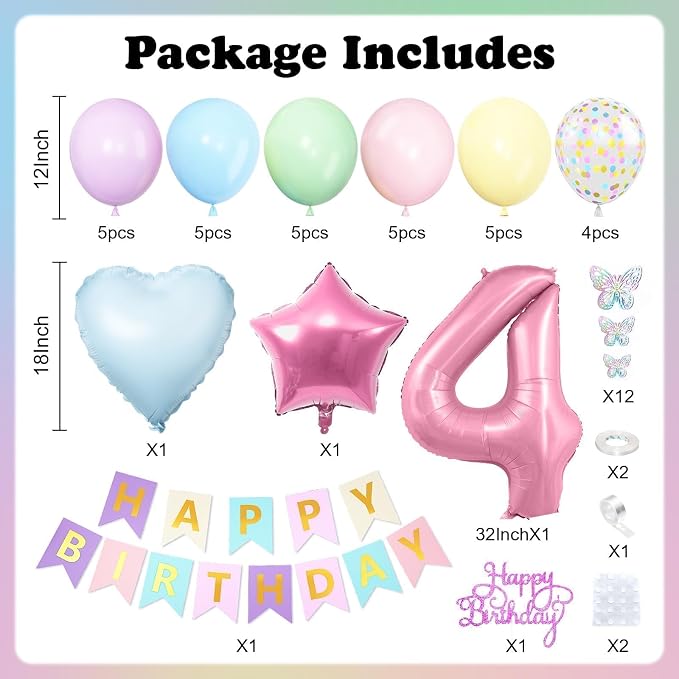 4th Pastel Birthday Party Decorations for Girls Number 4 Balloon Happy Birthday Banner Butterfly Stickers Star Heart Foil Balloons for 4 Year Old Easter Party Decor