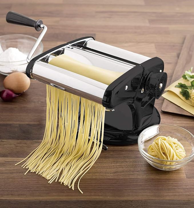 Cestari Stainless Steel Pasta Machine - 150 mm Roller with Patented Suction Base for No-Slip Use - Includes Pasta Cutter, Hand Crank, and Recipes