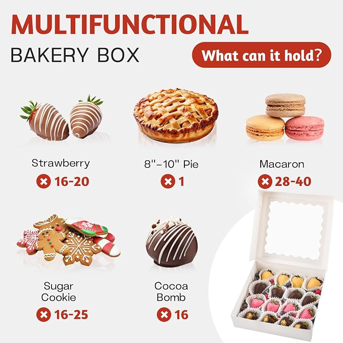 ZORRITA Pie Boxes with Window, 10"x10"x2.5", 20 Pack, White | Auto Pop-up, Bakery Boxes, For Chocolate Covered Strawberry, Cookies, Treats, Pastry, Donuts, Muffins