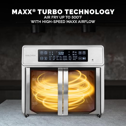 Kalorik Air Fryer Oven MAXX Advance Series 26-Quart with Digital Controls Easy-View Door and 21 Smart Cooking Presets, Includes Cooking Accessories with XXL Air Fry Basket, 1700-Watts, Stainless Steel