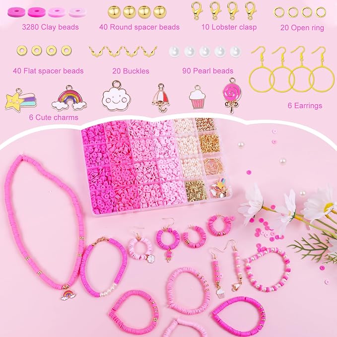 Wuollgess 3500PCS Pink Clay Beads for Bracelet Making Kit, Heishi Beads for Jewelry Making, Friendship Bracelet Kit, Spacer Beads for Adult Necklace Earring DIY