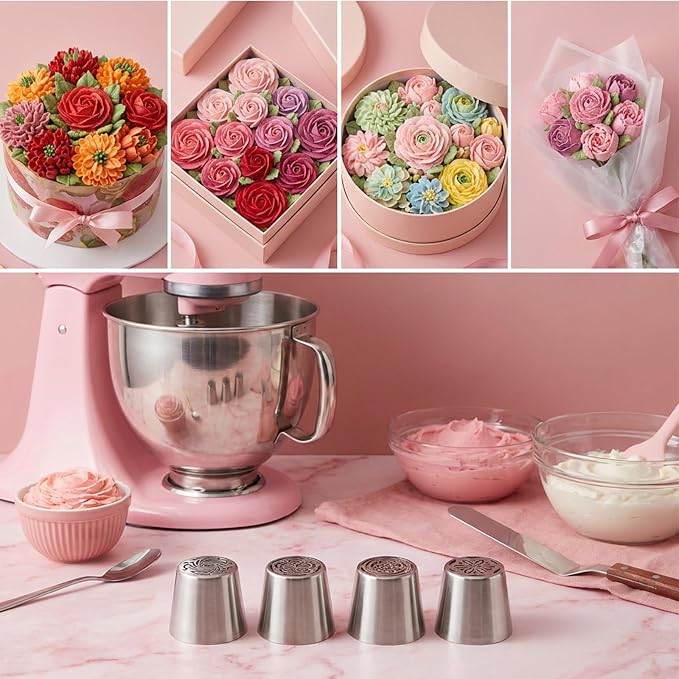 4 PCS Russian Piping Tips Set, Stainless Steel Extra Large Russian Piping Tip 3D Flower Tips for Cake Decorating, Flower Shaped Frosting Nozzle Kit for Wedding Birthday Cakes Cupcakes Cookies Baker