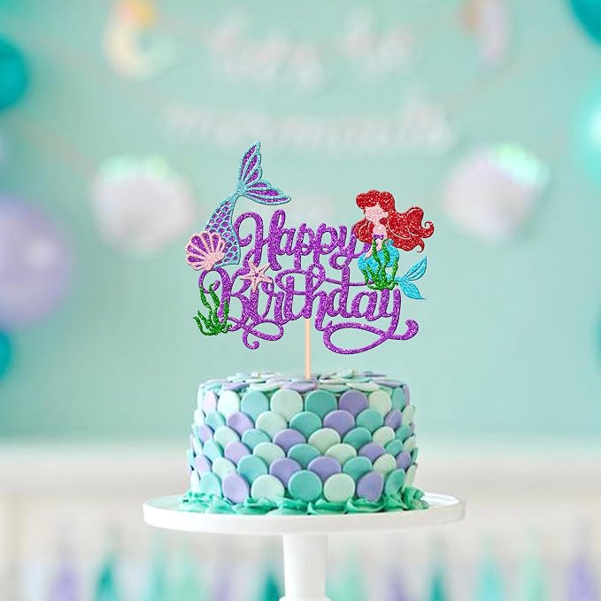 1 PCS Mermaid Happy Birthday Cake Topper - Glitter Ocean Starfish Seawood Seashells Tail Cake Decoration for Under the Sea Theme Baby Shower Birthday Party Supplies Purple