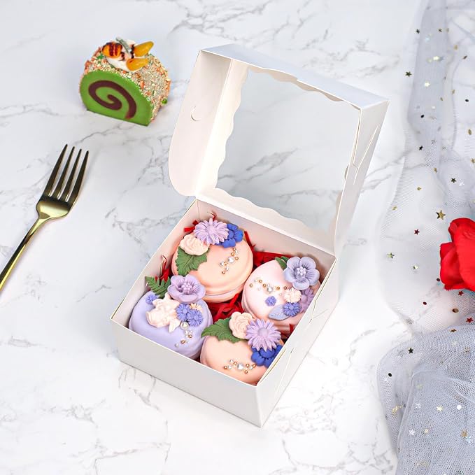 100-Pack 4X4X2 Inches Elegant White Bakery Boxes - Treat/Cookie/Truffle Boxes for Mini Cakes, Pies & Cinnamon Rolls - Wedding Party Favor Packaging