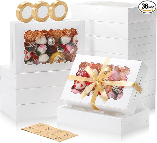 36 Pack Bakery Boxes with Window, 12x8x2.5 Inches Pastry Boxes with Ribbon and Sticks, Treat Boxes for Chocolate Covered Strawberries, Cookies, Muffins, Donuts, Breakable Hearts