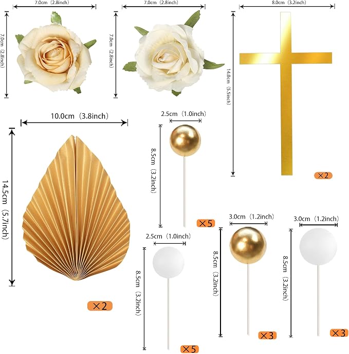 Rsstarxi Gold Cross Cake Decoration with White Gold Rose Balloon Cake Picks for Baptism Baby Shower Wedding Birthday Party DIY Cake Decorations Supplies