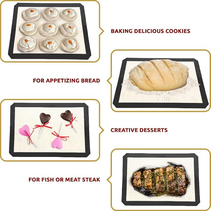Vila 2 Pack Baking Mats, 12” x 17”, Tray Pan Liner for Healthy Dishes, Reusable Non-Stick Cookie Sheets, Perfect for Macarons, Dog, Cat, Parrot Treats, Pastry, Bread, Bun making