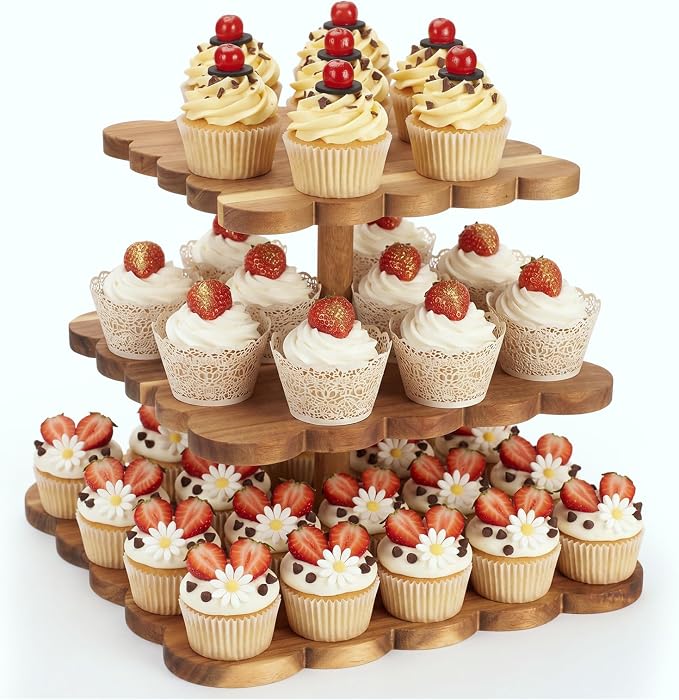 Novabright 3 tier Square Acacia Wood Cupcake Stand Rustic Square Dessert Display, Sturdy Wooden Cake Stand for Weddings, Parties Kitchen, Baby Shower, Birthday