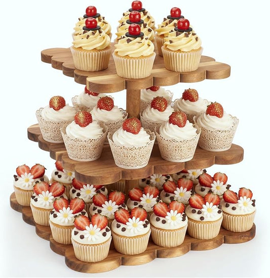 Novabright 3 tier Square Acacia Wood Cupcake Stand Rustic Square Dessert Display, Sturdy Wooden Cake Stand for Weddings, Parties Kitchen, Baby Shower, Birthday