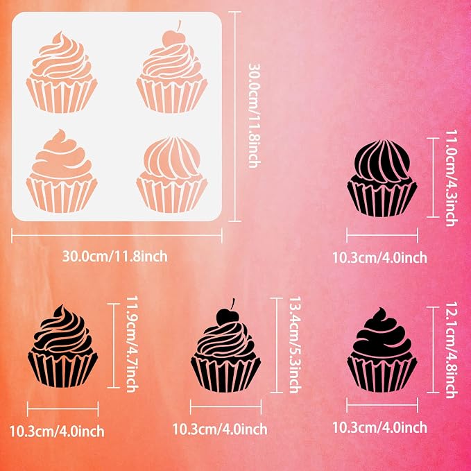 FINGERINSPIRE Cupcake Stencil for Painting 11.8x11.8 inch PET Hollow Out DIY Cupcake Home Decor Cream Cherry Drawing Stencil Reusable Cake Art Craft Stencils for Wall Cabinet Canvas Bag Paper Decor