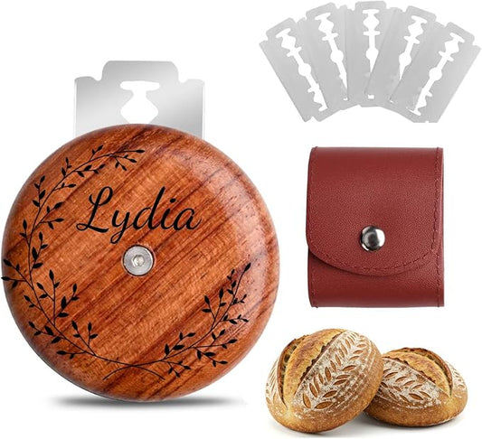 Custom Engraved UFO Bread Lame - Personalized Sourdough Scoring Tool for Artisan Bread Baking, Bread Scorer Tool Set with 5 Professional Stainless Steel Blades, Baker Gift Idea (Design B-Brown Pouch)
