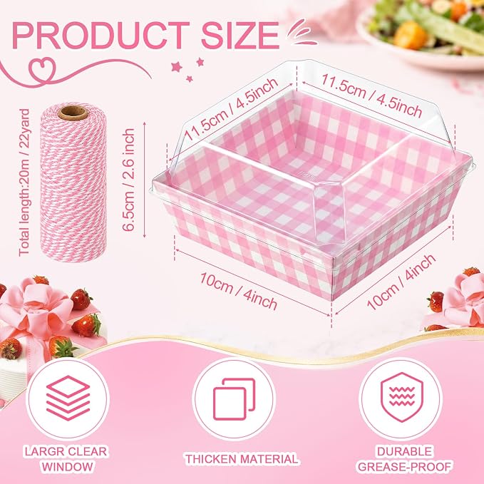 Jetec 150 Pack Charcuterie Boxes with Clear Lids and Rope 4 Inches Cake Disposable Square Dessert Food Box Containers with Lids for Bakery Macaron Cookies Strawberries Fruits Display (Pink White)