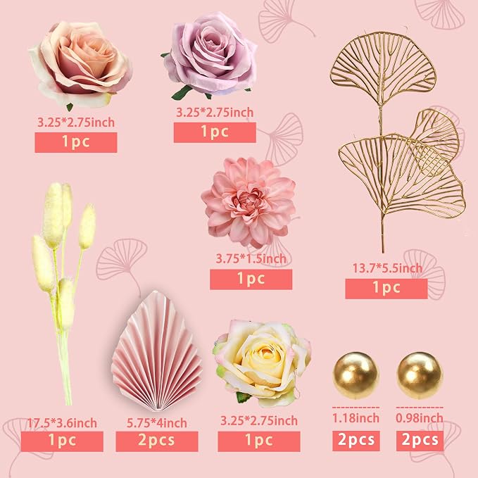 Boho Cake Topper Flower Cake Topper Pink Palm Leaves Cake Decorations with Artificial Rose Ginkgo Leaves and Balls for Wedding Birthday Boho Flower Themed Supplies (Pink)