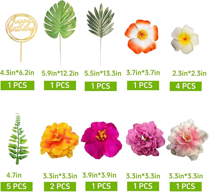 18Pcs Hawaiian Flowers Cake Decorations, Tropical Luau Cake Toppers with Hibiscus and Palm Leaves, Summer Cupcake Toppers, Non-Edible Aloha Beach Party Supplies for Birthday Celebration