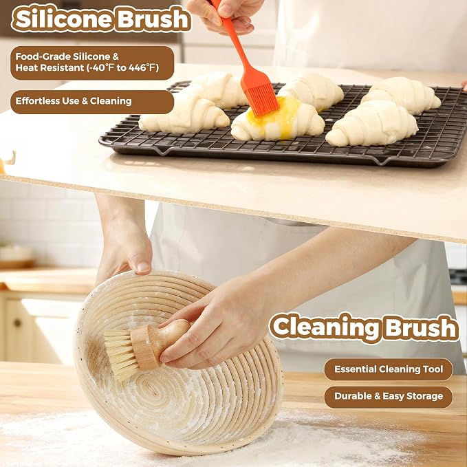 Complete Bread Proofing Basket Kit | All-in-One Set with Banneton(9 in), Sourdough Starter Jar Kit, Bread Lame, Dough Scraper, Whisk, Cutter & Tools