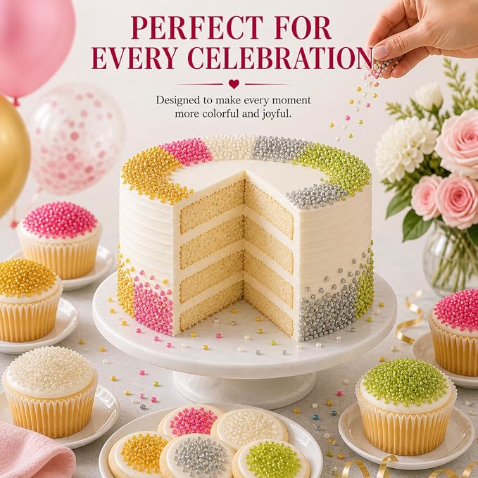 Confect Sprinkle Mix – 5-Pack Assorted Edible Sugar Tropical Summer Sparkling Sugar Crystals in Gold, Bright Pink, Silver, Parrot Green & White – Decorative Toppings for Cakes, Cupcakes & Cookies –Vegan, Gluten-Free, Nut-Free, Soy-Free, Dairy-Free, Pal...