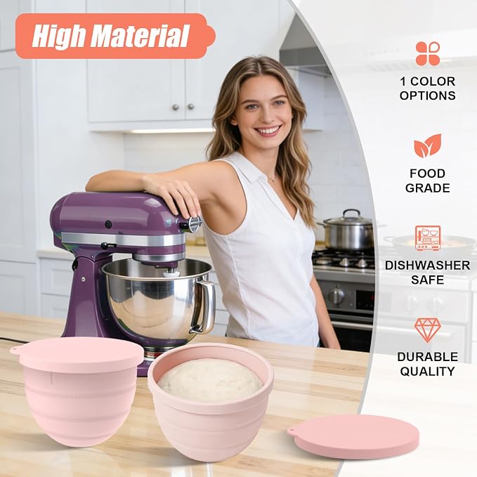 Foldable Silicone Liners for 5 Qt KitchenAid Tilt-Head Stand Mixer(Only), Odourless,Thicker, Cold/Heat-Resistant & Non-Stick, Easy Clean, with Splash-proof Bowl Lid, Pink