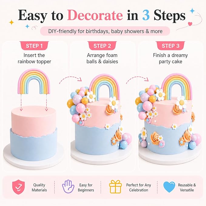 Boho Cake Topper, Qoadwem 26pcs Rainbow Cake Topper For Hippie Themed Daisy Flowrs Blue Dog Cake Toppers Pastel Ball Cake Decorations for Groovy Hippie Wedding Party Supplies