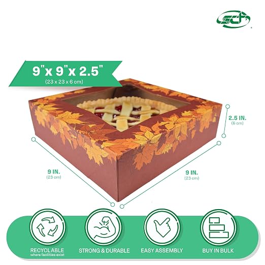SCT Autumn Pie Boxes with Window (150 Quantity), 9x9x2.5, Apple Pie, Pumpkin, Fall Bakery, and Dessert Boxes, Thanksgiving Packaging, 2462