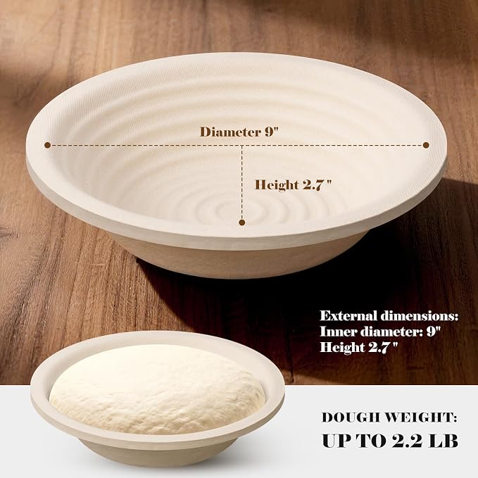 Non-Stick 9" Round Wood Pulp Banneton Bread Proofing Basket Set Of 2 With Aliquot Jar, Sourdough Banneton Basket Set, Bread Making Tool Brotform Sourdough Bread Baking Supplies