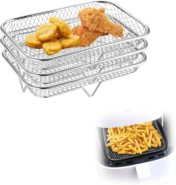 7.6 x 5.3 Inch Air Fryer Rack Set of 3 - Stackable Stainless Steel Air Fryer Basket Accessories for Baking Oven Steamer, Rectangle