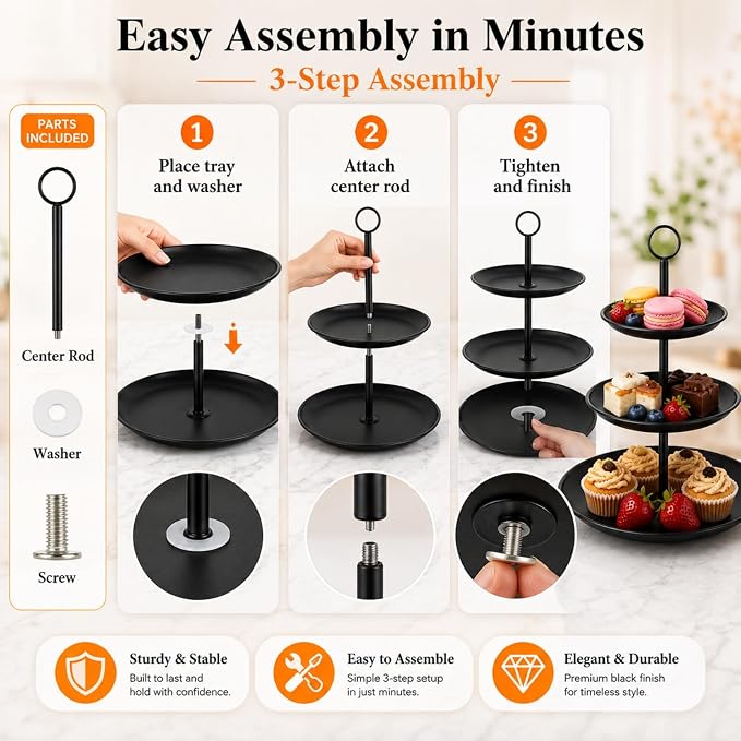 YOUNTHYE Black Cupcake Stand 3 Tier, Stainless Steel Tiered Dessert Stand for Wedding, Birthday, Tea Party, Holiday Dessert Table, Serving Tray for Cupcakes, Cookies, Macarons and Fruit