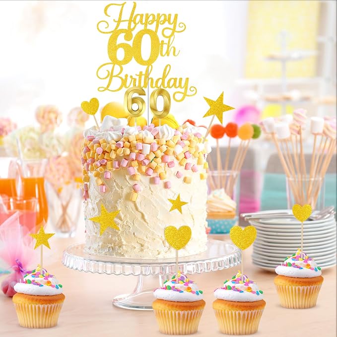 Happy 60th Birthday Cake Topper for 60th Birthday Decorations Numeral 60 Candle with Glitter Heart Cupcake Picks Set for Men Women Hello 60 Birthday Anniversary Party Cake Decor Supplies（GOLD）