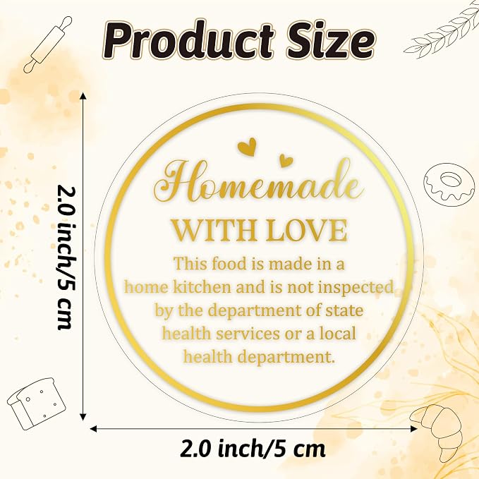 PANTIDE 500 Count Clear Cottage Food Law Labels Transparent PVC Stickers | Homemade with Love, Adhesive Round Decal Roll, Made in a Home Kitchen, for Baked Food Packaging, 2 x 2 Inch, Gold Foil Script