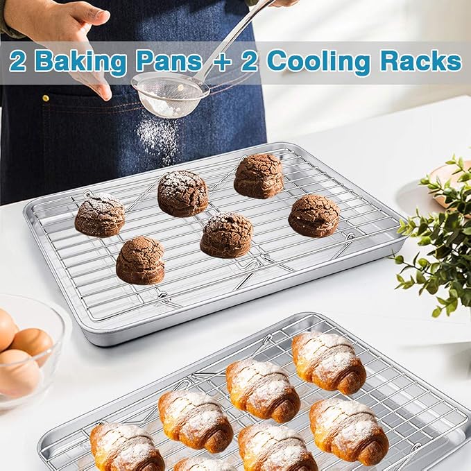 P&P CHEF 16 Inch Stainless Steel Baking Sheet with Rack Set (2 Pans+ 2 Racks), Cookie Sheets Baking Trays and Cooling Wire Racks, Oven & Dishwasher Safe, Pans with Stackable Racks