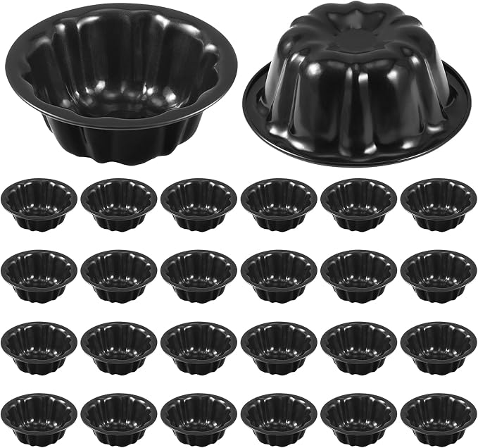 Ctosree 24 Pcs 4 Inches Fluted Mini Cake Pan Nonstick Fluted Cake Pan Carbon Steel Tube Metal Tube Oven Baking Mold with Flower Shape for Cupcake (Black)