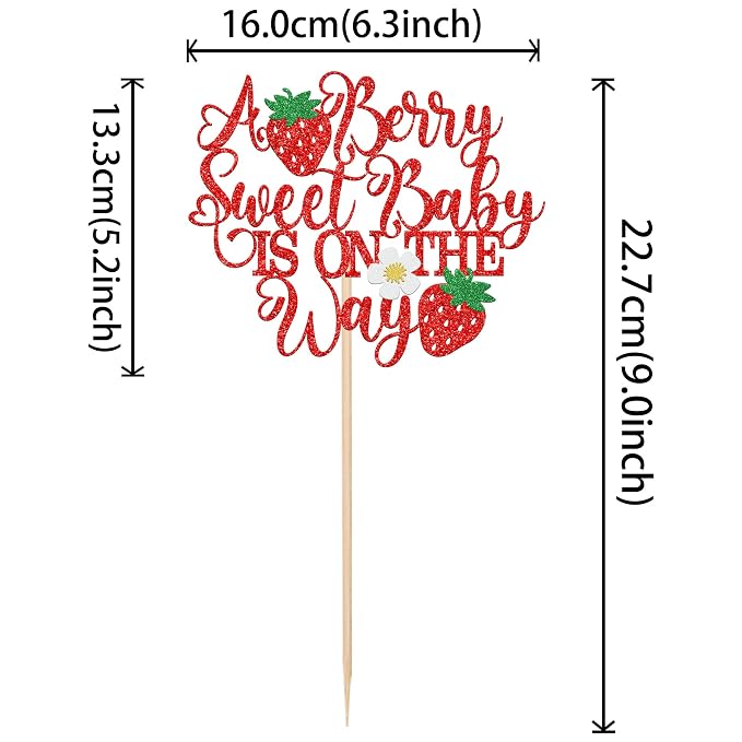 1 PCS A Berry Sweet Baby is On The Way Cake Topper Flower Strawberry Sweet One Cake Pick Berry 1st Birthday Cake Decorations for Baby Shower Gender Reveal Strawberry First Birthday Party Supplies