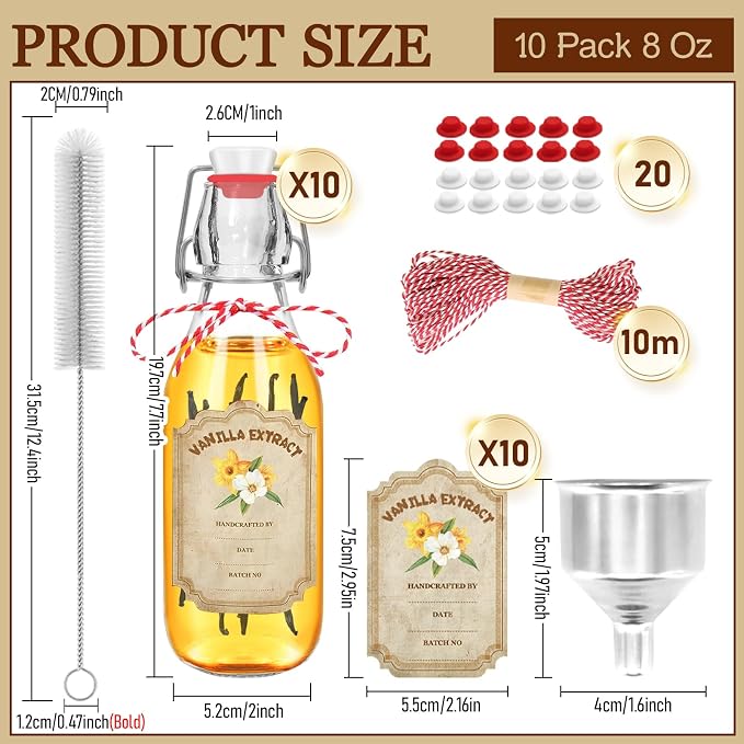 10 Pack Swing Top Glass Vanilla Extract Bottles 8 oz with Lids, Vanilla Extract Labels and Funnel, Glass Boston Bottles for Syrup Gift, Flip Top Jars