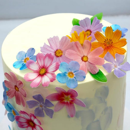 Set of 60 Edible Flowers & Leaf Cupcake Toppers Wedding Cake Party Food Decoration Mixed Size & Colour for Anniversary