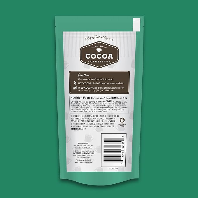 Cocoa Classics Mint Cocoa Mix, Hot or Iced, 1.25oz, 36 Pack | Mint cocoa mix with cool, refreshing flavor and chocolate notes; just add water for hot or iced cocoa with refreshing taste