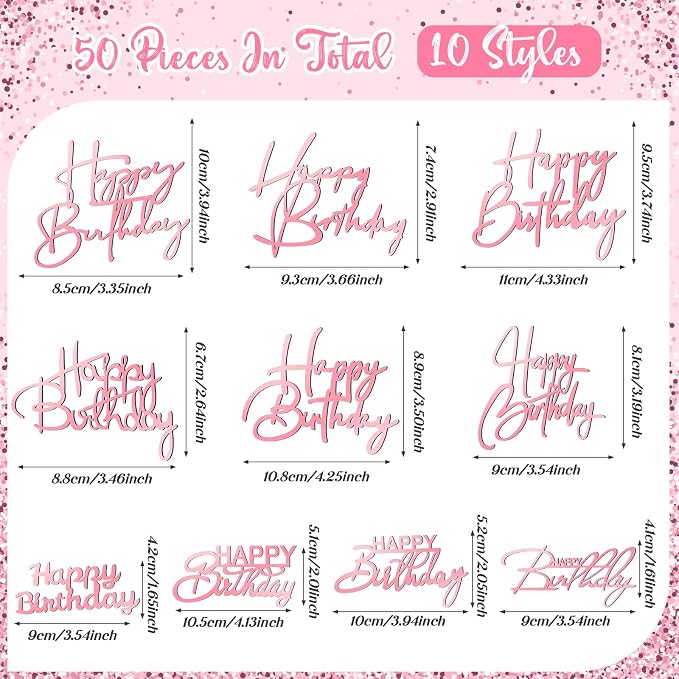 Barydat 50 Pcs Happy Birthday Cake Toppers Bulk Mirror Acrylic Cupcake Topper Decorations Happy Birthday Sign for Cake Inserts Decor Celebrate Anniversary Theme Party Supplies 10 Style(Pink)