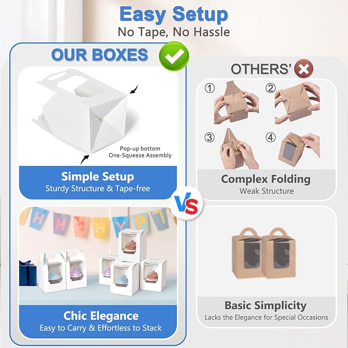 Cupcake Boxes 50 pcs, Individual Cupcake Containers White with Window Insert and Handle, Pastry Box Single Muffins Holder Disposable for Bakery Wrapping Party Favor Packaging