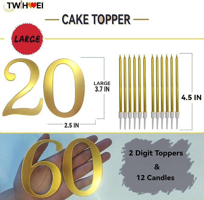 3.7IN Gold Acrylic Number 20 Cake Topper with 12 Gold Long Candles - Perfect for 20th Birthday Party Supplies, Ideal for Cake Decoration