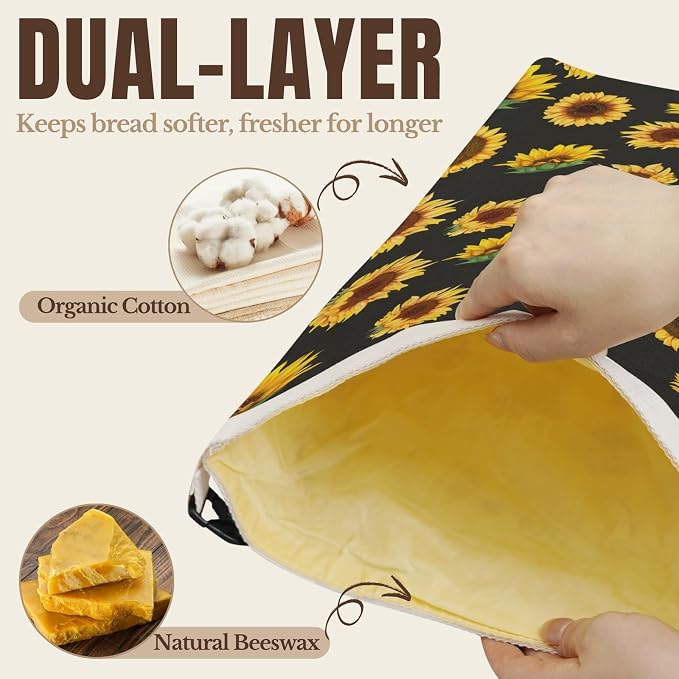 InnoBeta Beeswax Bread Bags for Sourdough & Homemade Bread, 2 Pack Reusable Cotton, 17"x13", Sunflower
