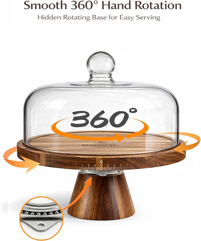 2026 Upgraded Cake Stand with Lid, 11.8 Inch Rotating Dessert Display Stand, Borosilicate Glass Dome and Wooden Base, Cake Holder Serving Platter for Kitchen, Party, Wedding