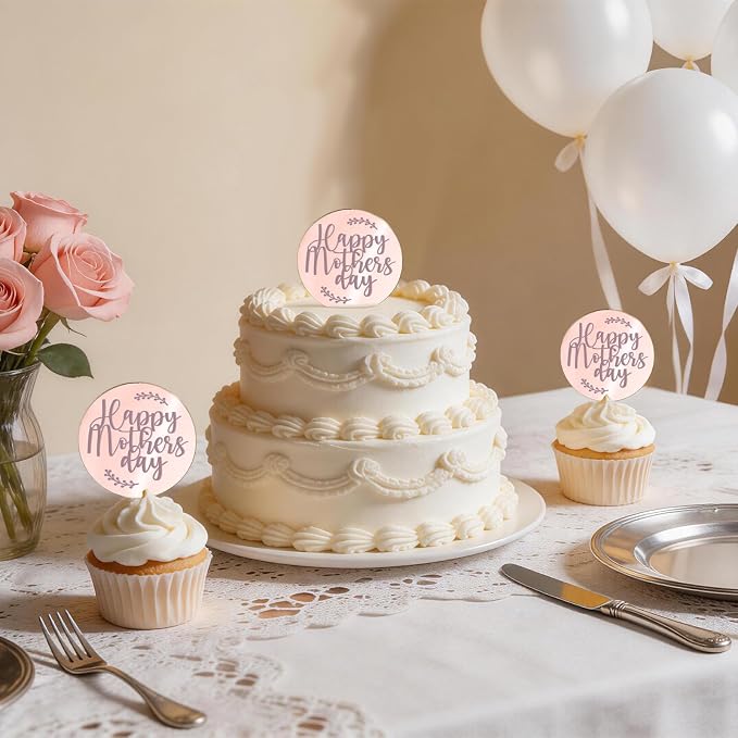 Wootkey 20 Pcs Acrylic Happy Mothers Day Cupcake Toppers Rose Gold Mirror Cake Toppers for Mothers Day Cake Decorations DIY Gift Dessert Arrangements Decor