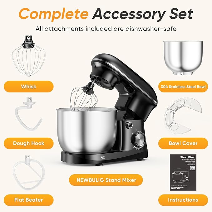 NEWBULIG Stand Mixer, Kitchen Aid Mixers Alternative, 300W 6.3Qt 10-Speed Electric Standing Mixer with Dough Hook, Whisk, Beater & Multi-Cover for Baking, Cakes and Home Cooking Needs