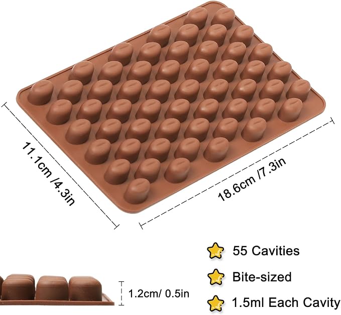Mini Coffee Bean Molds, 55 Cavities Silicone Chocolate Mold with Coffee Bean Shape, Food Grade Mini Silicone Mold for Homemade Sugar Free Chocolate Chips/Snacks/Cake Décor, 2 PCS